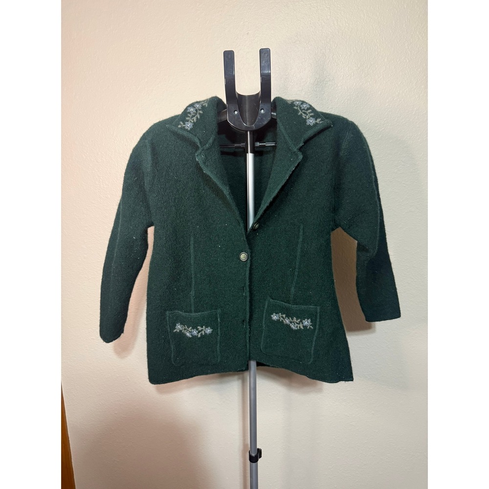 Vintage Boiled Wool Floral Embroidered Cardigan Jacket Forest Green Cottagecore